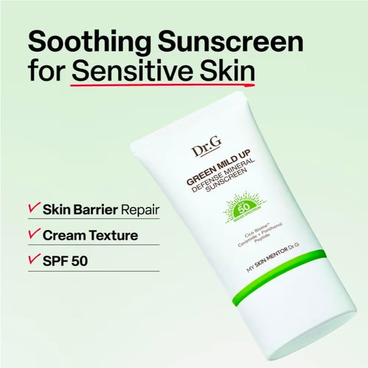 Dr. G Green Mild Up Defense Mineral Sunscreen - SPF 50 Broad Spectrum Korean Sunscreen - Lightweight & Reef-Safe Mineral Formula - For Sensitive Skin - Non-Greasy - With Centella Asiatica