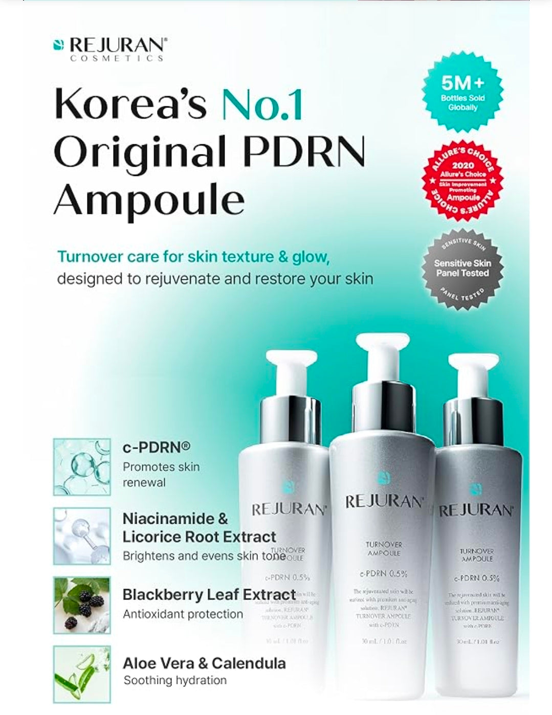 REJURAN Turnover Ampoule, c-PDRN – Original Salmon DNA PDRN Face Serum for Rejuvenation, Firming, Hydration & Youthful Glow, Refines Skin Texture. Korean Skincare (1.01oz)