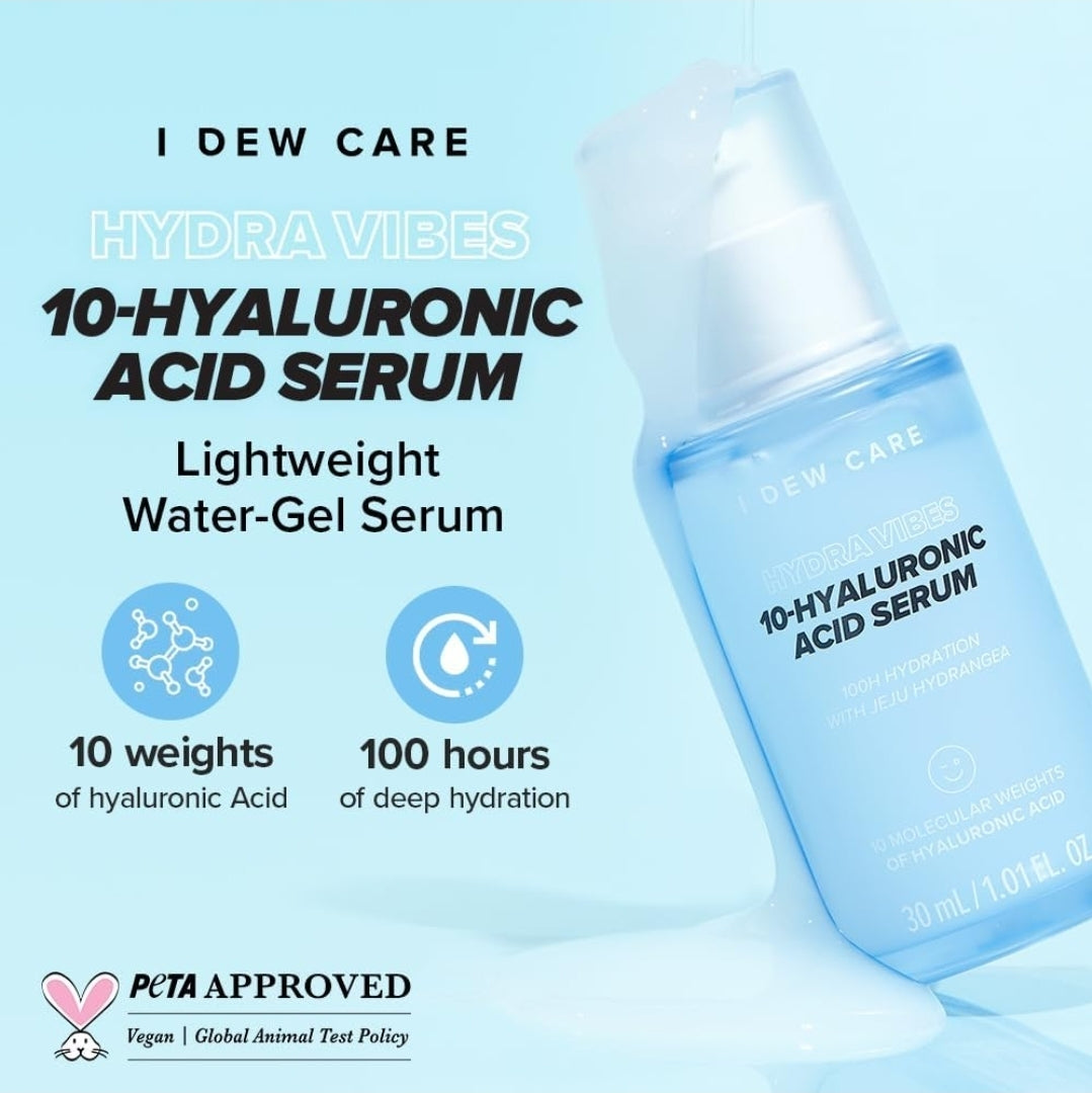 I DEW CARE Cuidado de la Piel - Hydra Vibes - Set de 3 piezas + 1 Diadema de Gato Gratis - Limpiador, suero y humectante con ácido hialurónico de diferente peso molecular