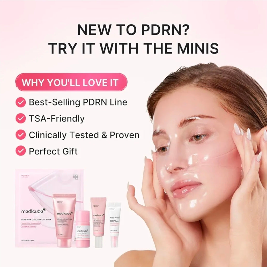 Medicube PDRN Glow Essentials Kit, Mini Skincare Travel Set, 5-Step Routine - PDRN cleanser, toner, serum, eye cream, and gel mask for a complete glow routine
