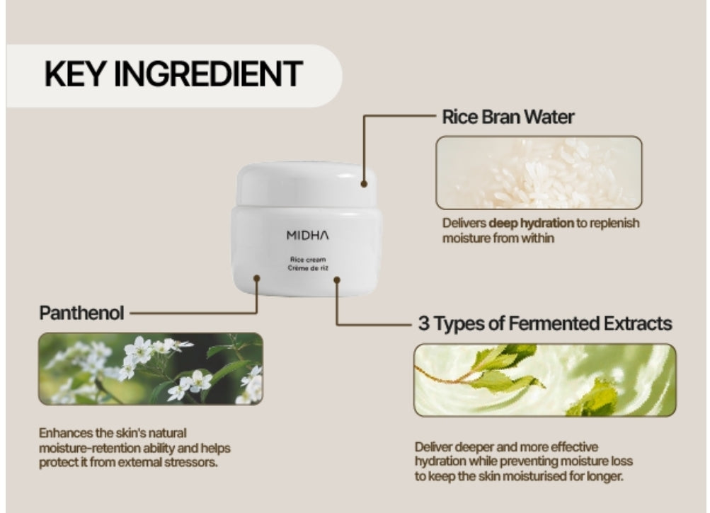 MIDHA Rice Cream - Deep Hydration Glow & Skin Barrier Support - Improves the appearance of dry, tired skin for a plump and dewy finish - Maintain a stronger, healthier skin barrier.