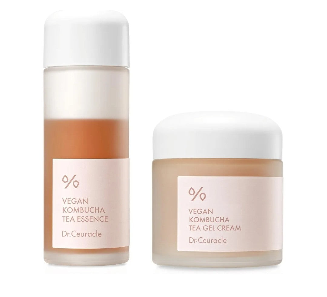 Dr. Ceuracle Vegan Kombucha Tea Beginning Set - Hydrating Essence Toner and a Nourishing Gel Cream. All skin types, this set deeply hydrates and leaves your skin glowing.