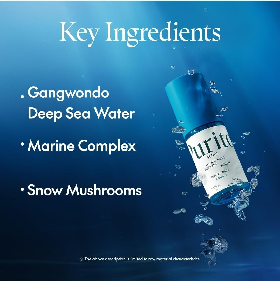 Purito Hydro Wave Deep Sea Serum - Deep Sea Water Moisture- Hydrating Lightweight & Non-Greasy, Skin Moisture Boost For Sensitive Skin, Hyaluronic Acid & Deep Sea Water