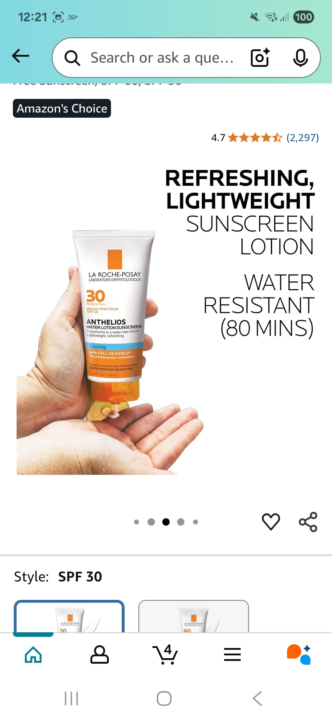 Loción protectora solar La Roche-Posay Anthelios Cooling Water para rostro y cuerpo FPS 30 - FPS de amplio espectro + antioxidantes, absorción rápida, sin aceite