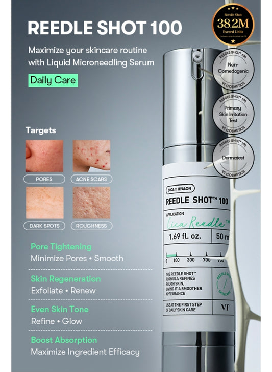 VT COSMETICS CICA Reedle Shot 100 - Spicule Microneedling Serum for Pore Care & Exfoliation, Exosome, Centella Asiatica for Glass Skin, Skin Texture, Korean Liquid Skin Booster (1oz)