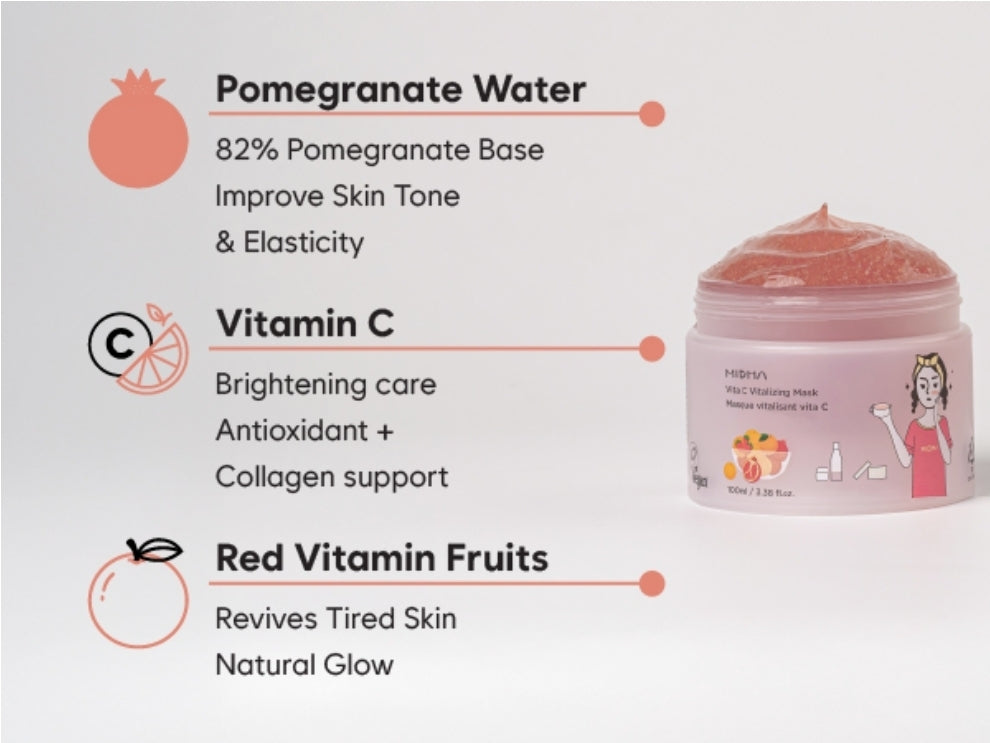 MIDHA Vita C Vitalizing Mask - Facial Wash-off mask, with Vitamin C, Pomegranate and red fruits nutrition, vegan