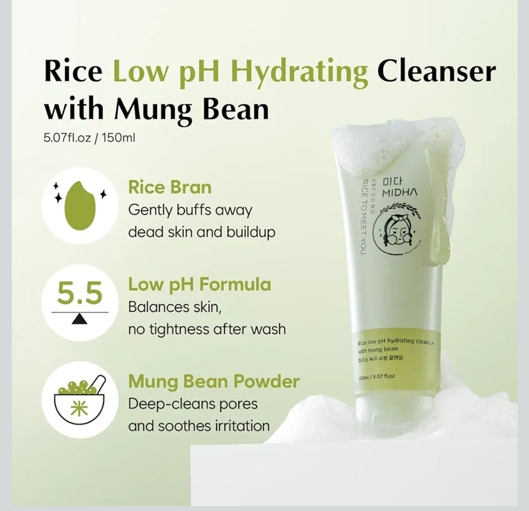 MIDHA Low pH Rice Gentle Cleanser with Mung Bean - Removes impurities, purify the skin, and support hydration