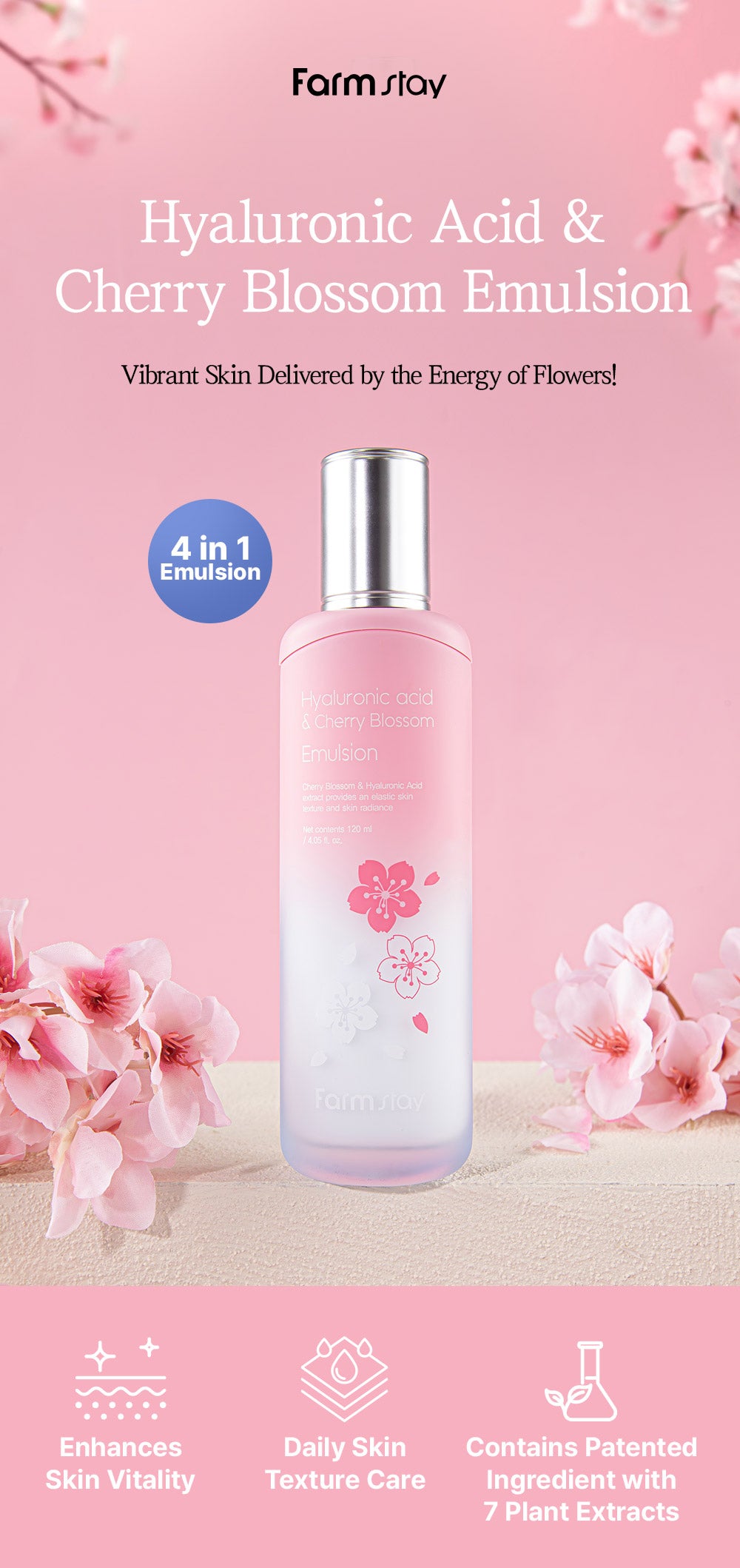 Farmstay Hyaluronic Acid & Cherry Blossom Emulsion - Brightening and Anti-Wrinkle - Removes dead skin cells, improving overall skin texture