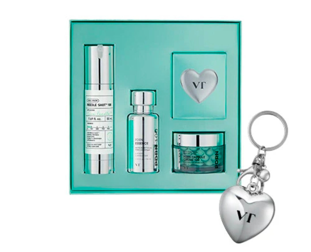VT COSMETICS Reedle Shot & PDRN Skincare Trio Set Box - For Glass, Smoother-Looking Skin, Reedle Shot 100 Serum + PDRN 100 Essence + PDRN Capsule Cream + Heart Keychain, Glow Routine