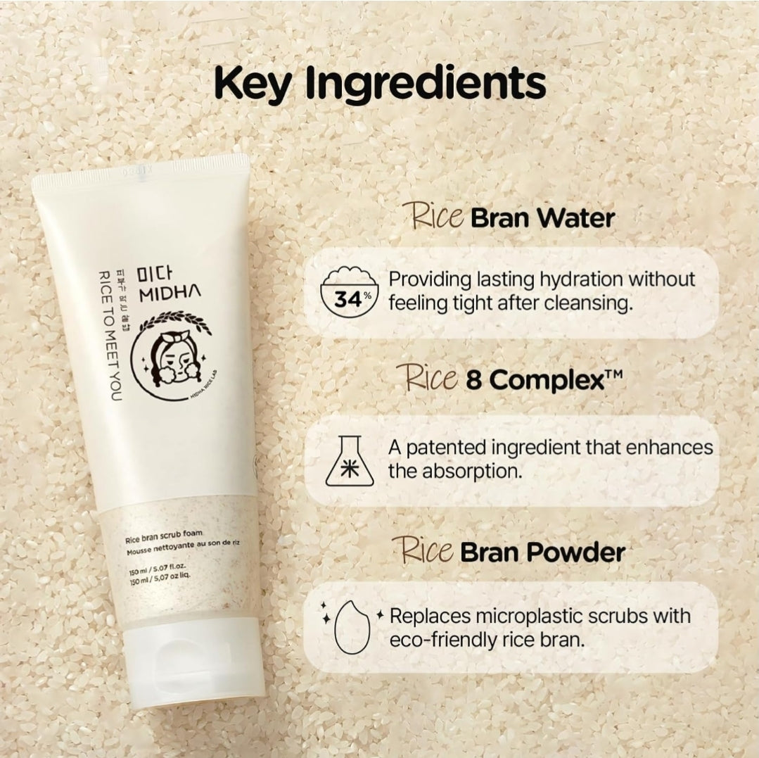MIDHA Rice Cleansing Oil + Rice Bran Scrub Foam - Facial Cleanser Daily Makeup Remover Set - Long Lasting Cleanser & Hydration - 2 Piece Set