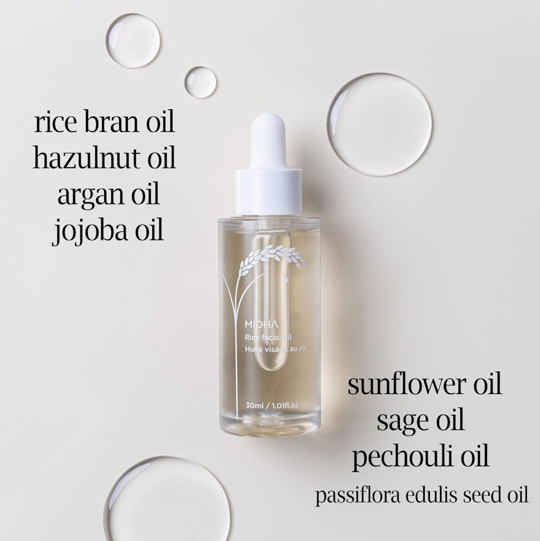 MIDHA Rice Facial Oil - Skin Moisturizing, Deep Hydration and Quick Absorption - Non greasy Light Oil