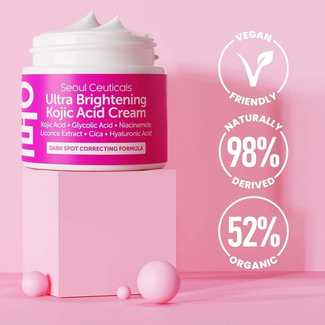Crema ultra iluminadora con ácido kójico de Seoul Ceuticals: correctora de manchas oscuras, ácido glicólico, niacinamida, cica y AH.