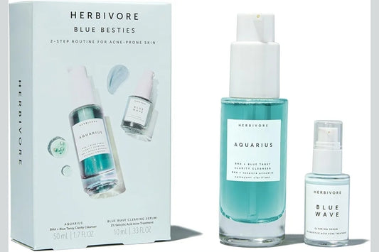 HERBIVORE Blue Besties Duo – 2 Step Treatment for Acne-Prone Skin - Aquarius Cleanser (50 mL) & Blue Wave Serum (10 mL), Plant-Based, Vegan, Cruelty-Free