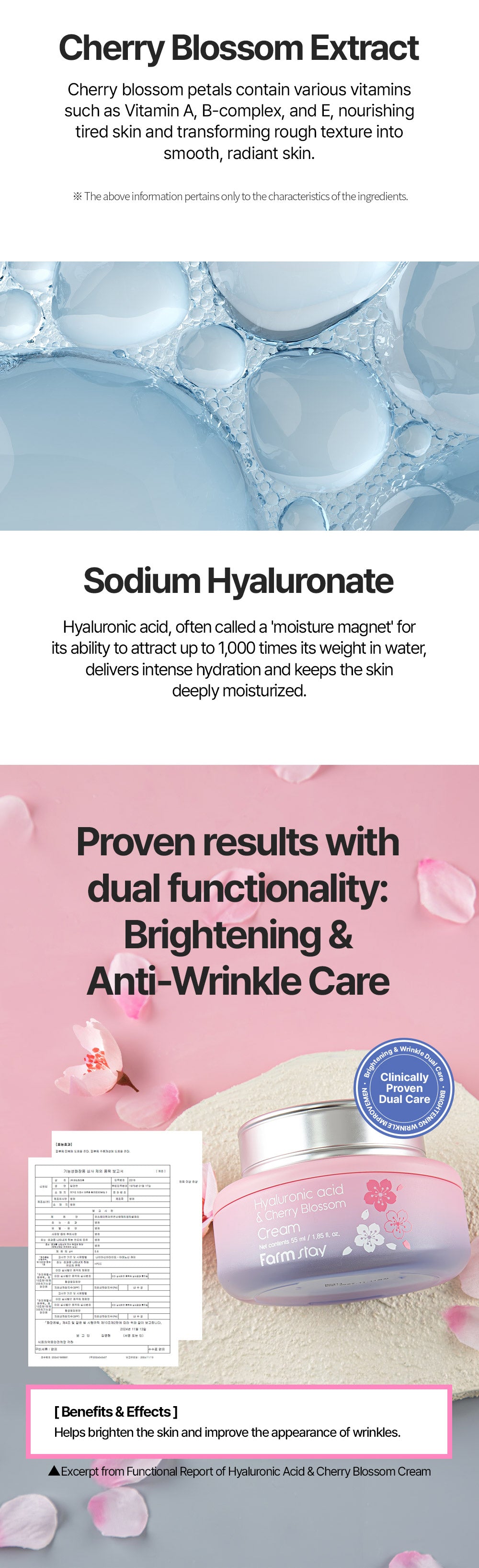 Farmstay Hyaluronic Acid & Cherry Blossom Cream - Brightening and Anti-Wrinkle, Moisturizes, glow, softness, and firmness