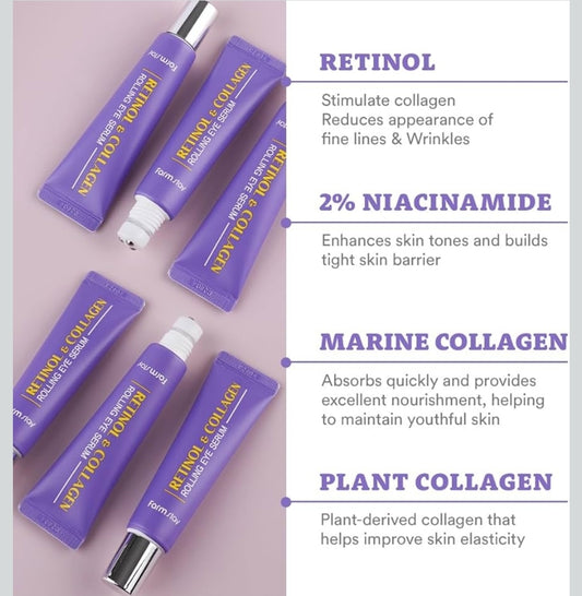 Farmstay Retinol Rolling Eye Serum with 2% Niacinamide & Collagen – Hydrating Korean Eye Roller for Dark Circles, Puffy Eyes & Wrinkles