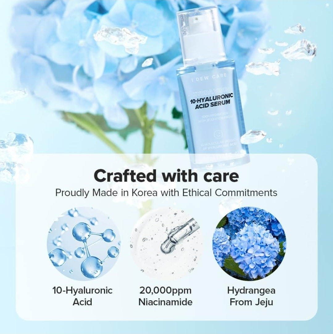I DEW CARE Cuidado de la Piel - Hydra Vibes - Set de 3 piezas + 1 Diadema de Gato Gratis - Limpiador, suero y humectante con ácido hialurónico de diferente peso molecular