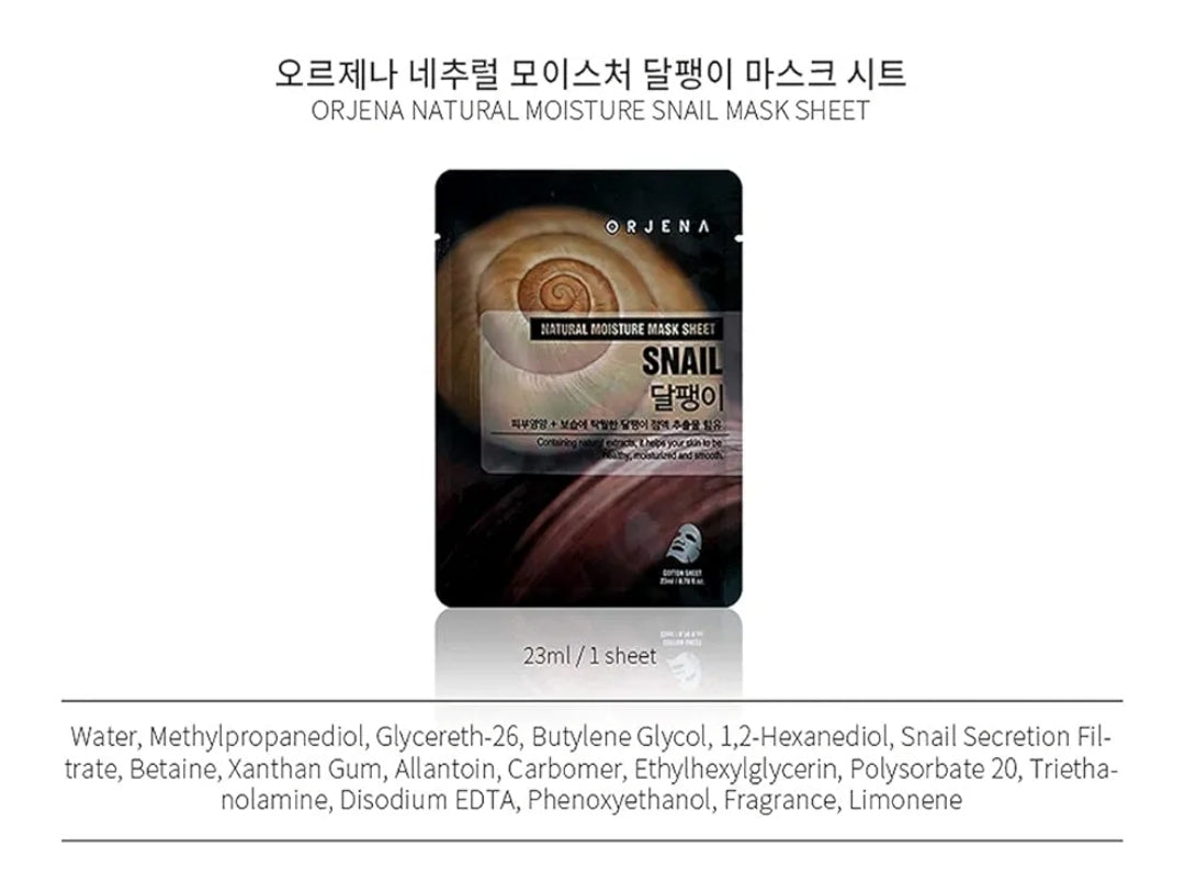 Orjena Natural Moisture Snail Sheet Mask - Antiaging & Anti-Wrinkle, Hydrating, Soothing, Sensitive, Refreshing - 1 Mask