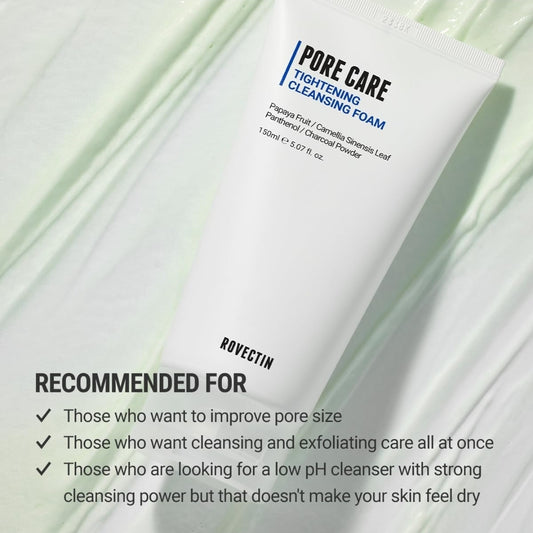 ROVECTIN Pore Care Tightening Cleansing Foam - Green Papaya, AHA/BHA/PHA, Sebum Control, Exfoliation Care, Refining Pore Size, Non-Irritating Oily Skin
