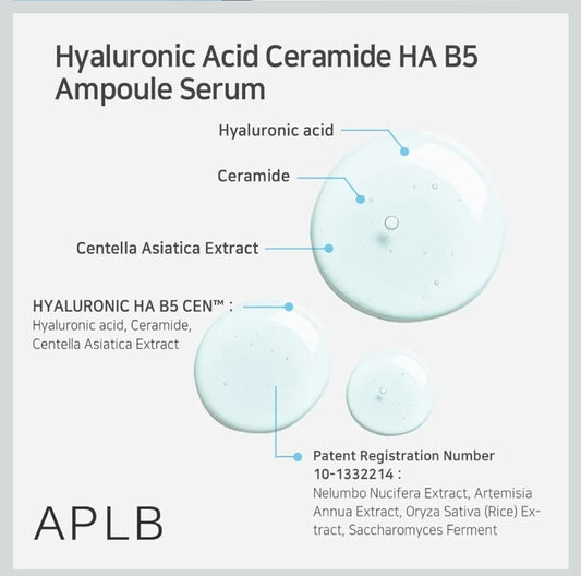 APLB Hyaluronic Acid Ceramide HA B5 Ampoule Serum - HYALURONIC HA B5 CEN 37.4%, Long lasting moisturizing, Revitalize for gentle and improve skin texture