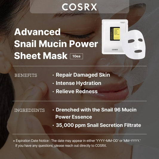 COSRX Advanced Snail Mucin Power Sheet Mask - Enhanced moisturization & soothes damaged skin - 1 Mask