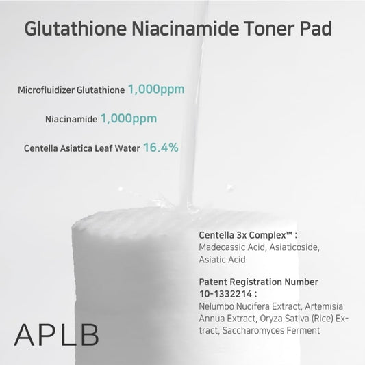 APLB Glutathione Niacinamide Toner Pads - LIPO GLUTA NIAC CEN 16.6% Dual Surface Toner Pads, Long Lasting moisturizing