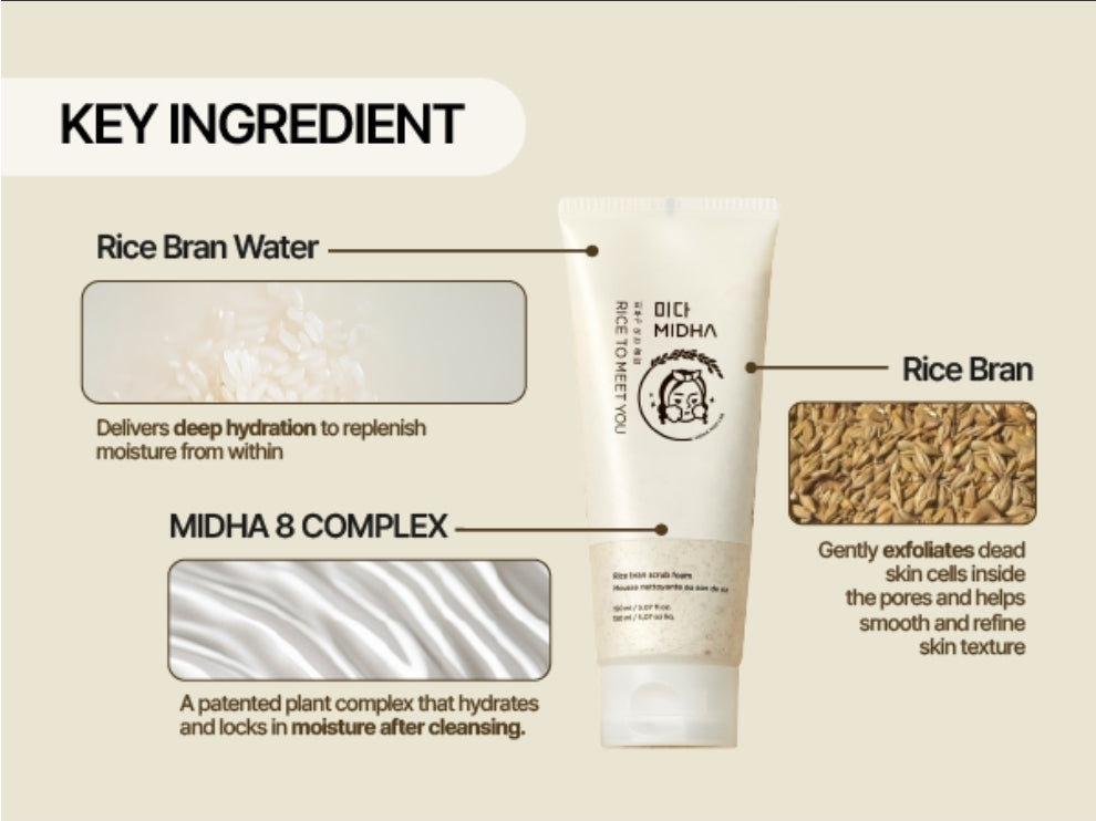 MIDHA Rice Bran Scrub Foam - Deep Cleansing, Pore Purifying & Gentle Exfoliating