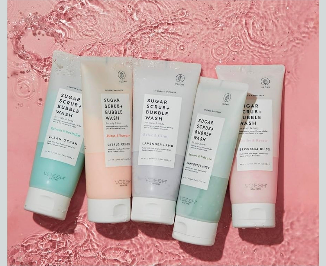 VOESH Sugar Scrub + Bubble Wash - Exfoliating Body Scrub & Body Wash, Blossom Bliss, Scalp Scrub, Scalp Care, Shower Sugar Scrub, Vegan Body Care