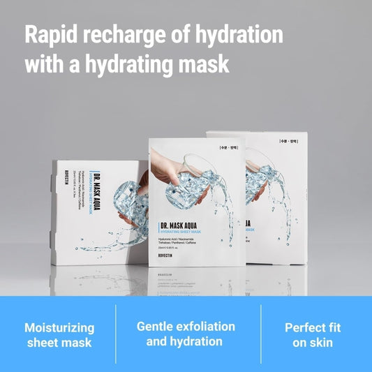 ROVECTIN Dr. Mask AQUA Hydrating Sheet Mask - 7 Layers of Hyaluronic Acid Facial Mask with Niacinamide (Vit B3) and Panthenol (Vit B5) - Anti-aging barrier repair complex - 1 Mask