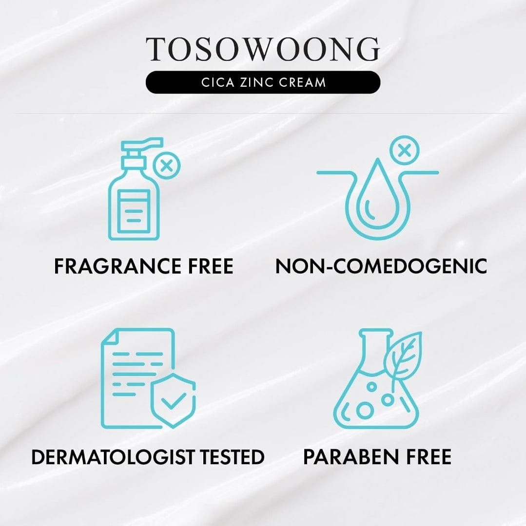 TOSOWOONG SOS Repair CICA Clinic Zinc Cream - 10% Zinc Oxide, Heal, Soothe Acne, Redness, Rosacea Treatment, Skin Barrier Repair, Moisture, Non-Comedogenic, Korean Skin Care