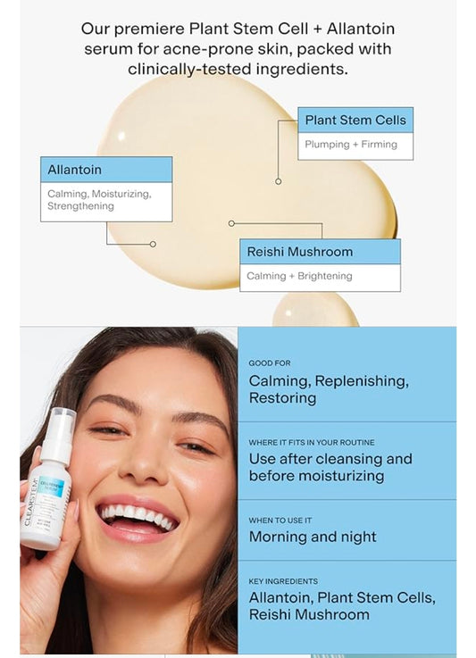 CLEARSTEM CELLRENEW Collagen Stem Cell Serum - Acne + Youthful Skin, Hyaluronic Acid, Reishi, Aloe Vera, Gluten Free, Cruelty Free