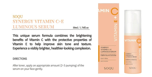 SOQU Synergy Vitamin C+E Luminous Serum - Brightens, Hydrates & Protects - For dullness, uneven skin tone, and signs of aging - Antioxidants