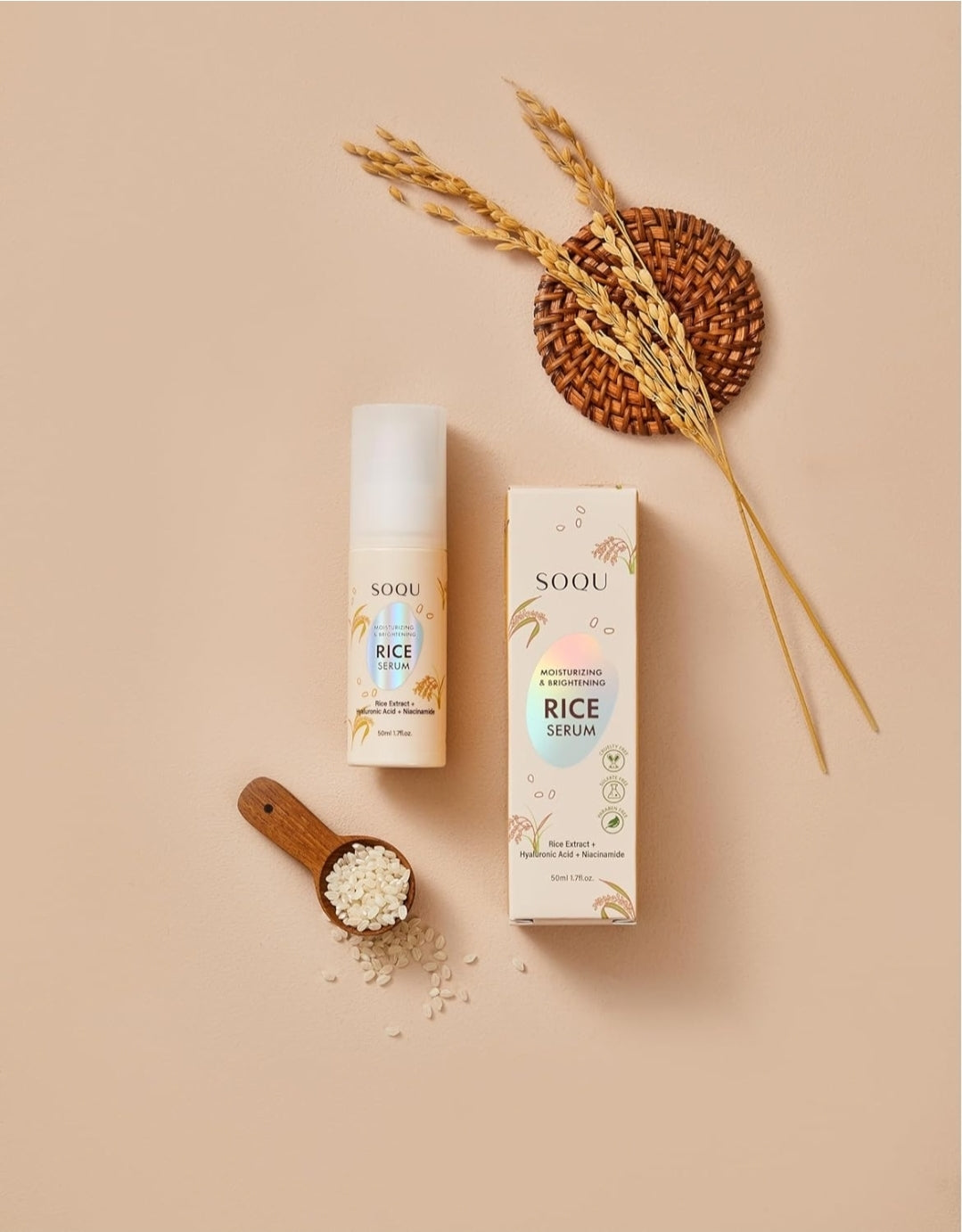 SOQU Moisturizing and Brightening Rice Serum - Moisturizing Facial Rice Serum - With Niacinamide and Hyaluronic Acid - Hydrating, Lightweight Texture, Quick Absorption