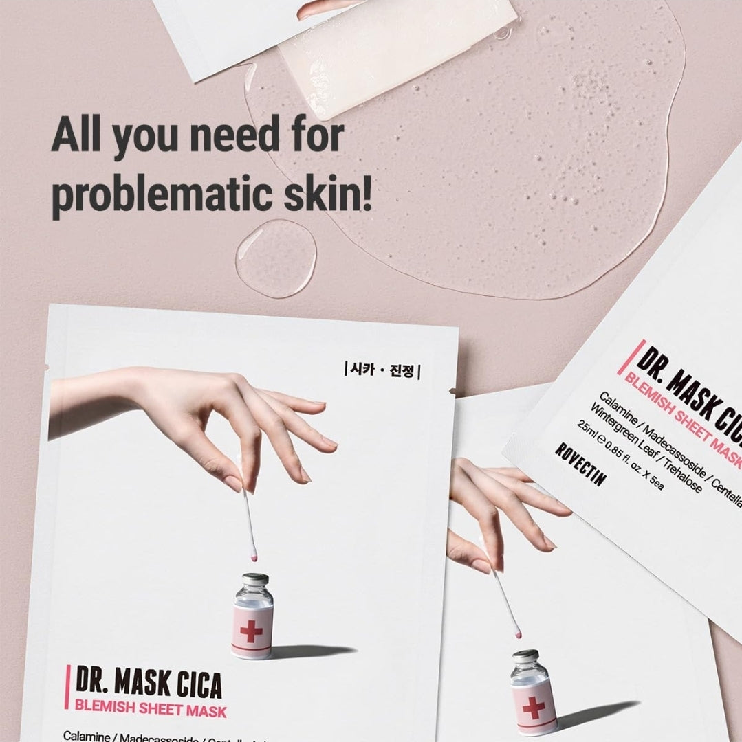 ROVECTIN Dr. Mask CICA Blemish Sheet Mask - Soothing and Hydrating with Calamine and Madecassoside - 1 Mask