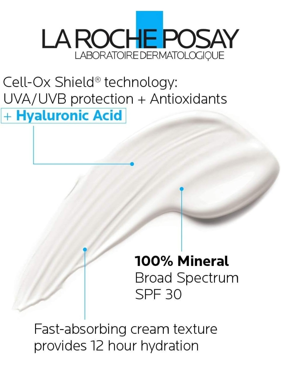 Protector solar hidratante mineral Anthelios 100 % de La Roche-Posay con ácido hialurónico - FPS 30 de amplio espectro y óxido de zinc