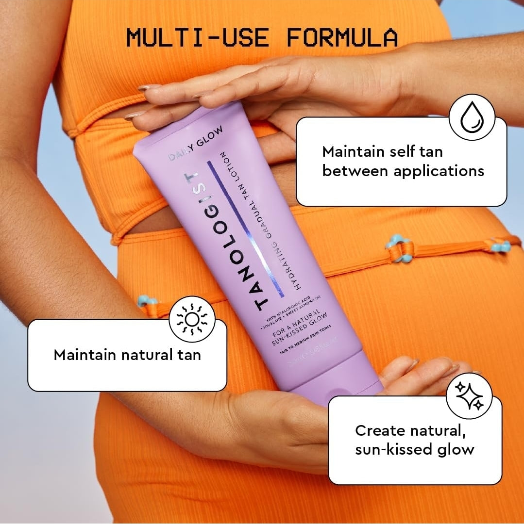 Loción corporal hidratante Tanologist Daily Glow - Tono medio/oscuro - Autobronceador gradual, sin olor, sin marcas y de aspecto natural, hidratante, vegano