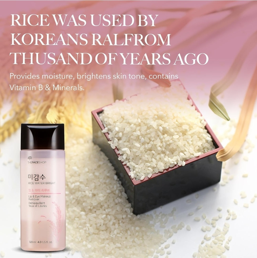 The Face Shop Rice Water Bright Lip & Eye Remover -
Natural Brightening solution with rice water - Removes impurities while leaving skin soft, supple, and evenly toned