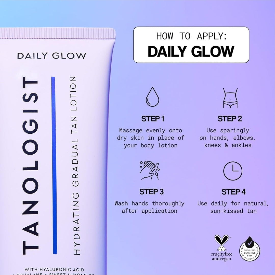 Loción corporal hidratante Tanologist Daily Glow - Tono medio/oscuro - Autobronceador gradual, sin olor, sin marcas y de aspecto natural, hidratante, vegano