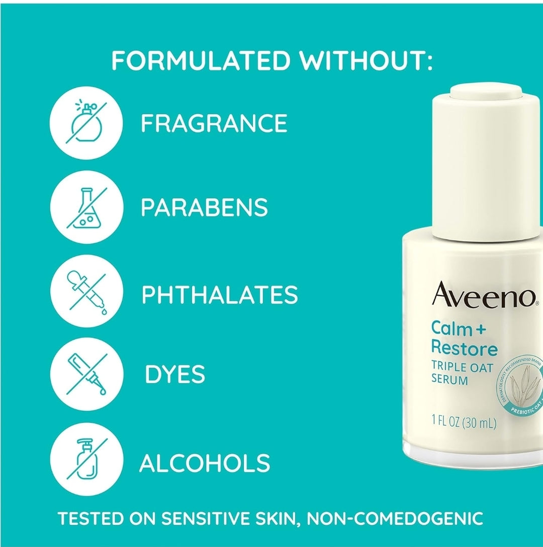 Aveeno Calm + Restore Triple Oat Serum - Sensitive Skin, Gentle, Lightweight Facial Serum Instantly Smooths Skin, Fast-Absorbing, Hypoallergenic & Fragrance-Free