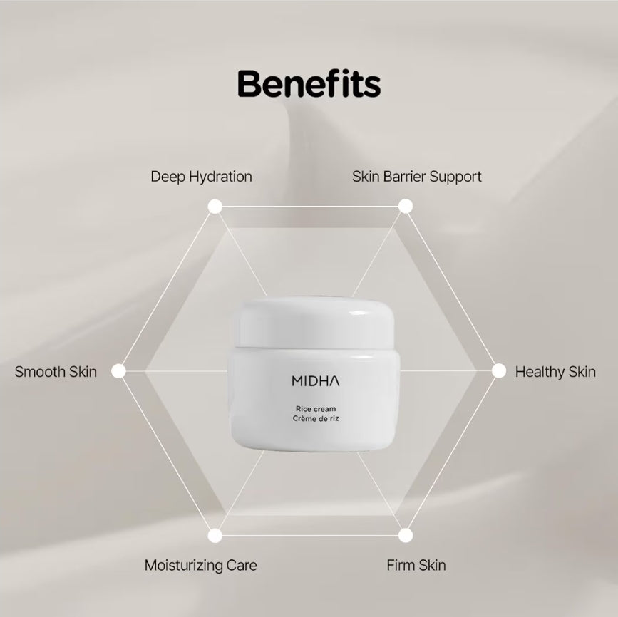 MIDHA Rice Cream - Deep Hydration Glow & Skin Barrier Support - Improves the appearance of dry, tired skin for a plump and dewy finish - Maintain a stronger, healthier skin barrier.