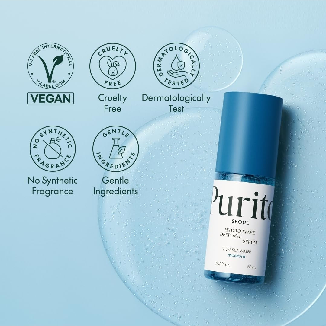 Purito Hydro Wave Deep Sea Serum - Deep Sea Water Moisture- Hydrating Lightweight & Non-Greasy, Skin Moisture Boost For Sensitive Skin, Hyaluronic Acid & Deep Sea Water