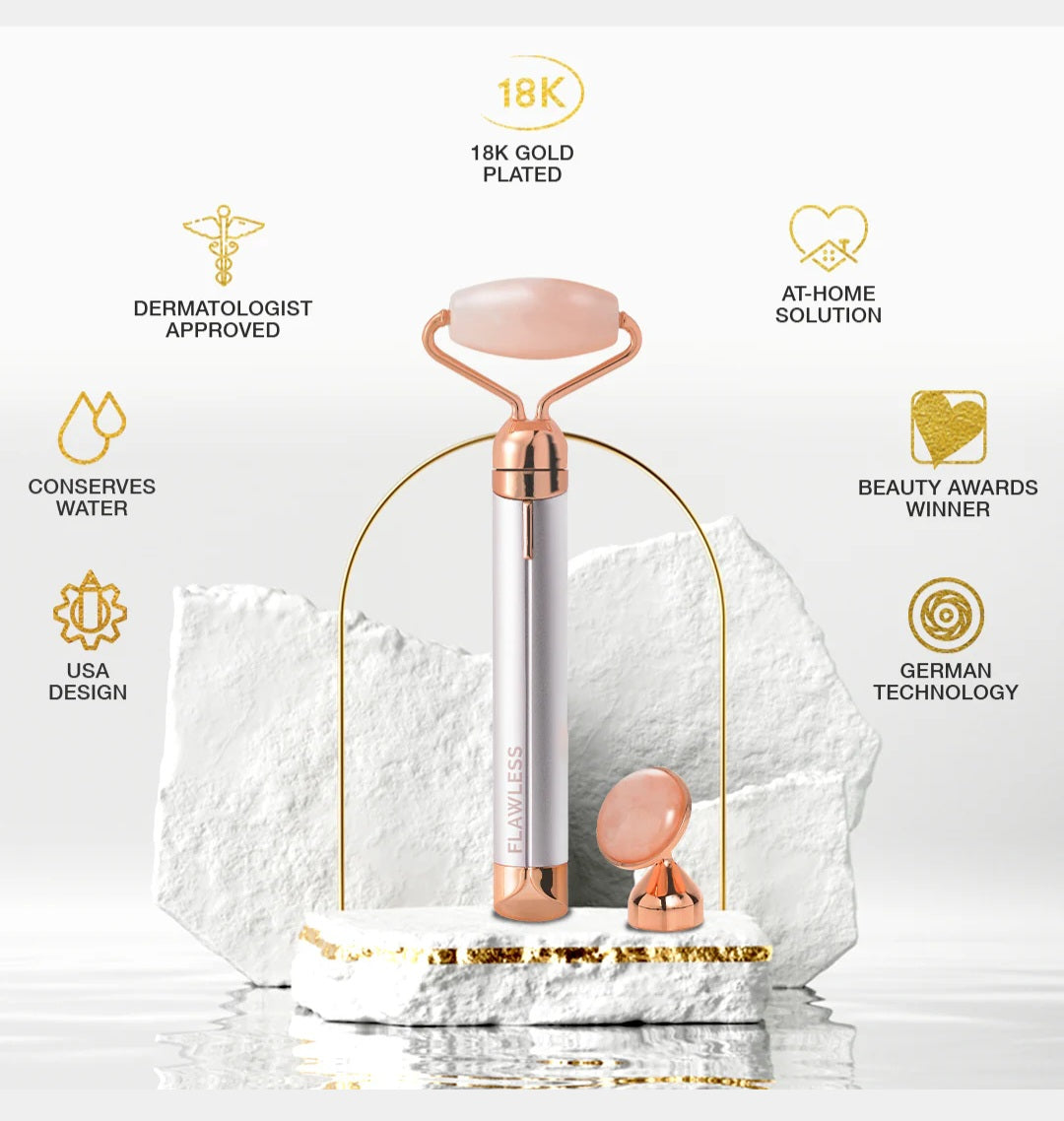 Rodillo y masajeador facial vibratorio de cuarzo rosa Contour Micro