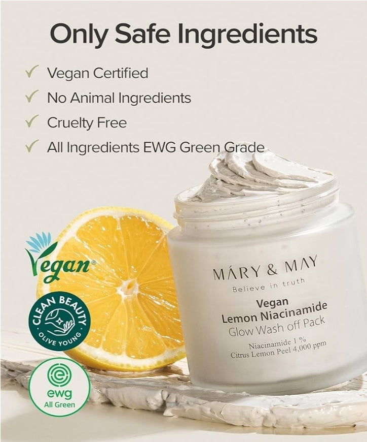 Mary & May Lemon Niacinamide Glow Wash Off Pack - Vitamin C Clarifying, Sebum Control, Deep Hydration - EWG Green Grade, Hypoallergenic