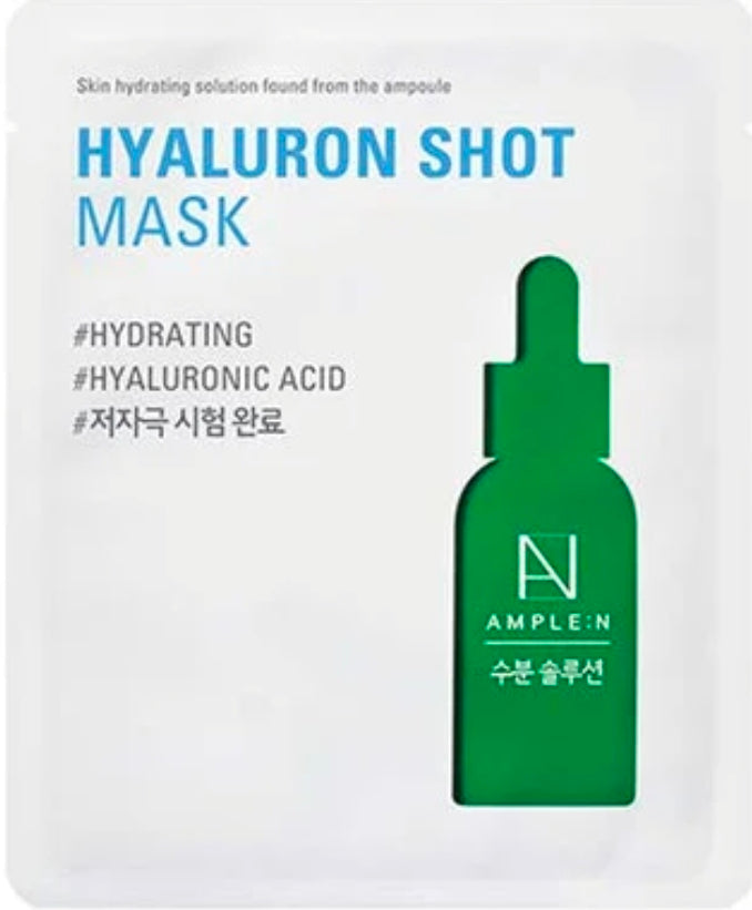 Mascarilla AMPLE:N Hyaluron Shot: 7 tipos de ácido hialurónico, complejo de xilitol y pantenol para hidratar y rellenar profundamente.