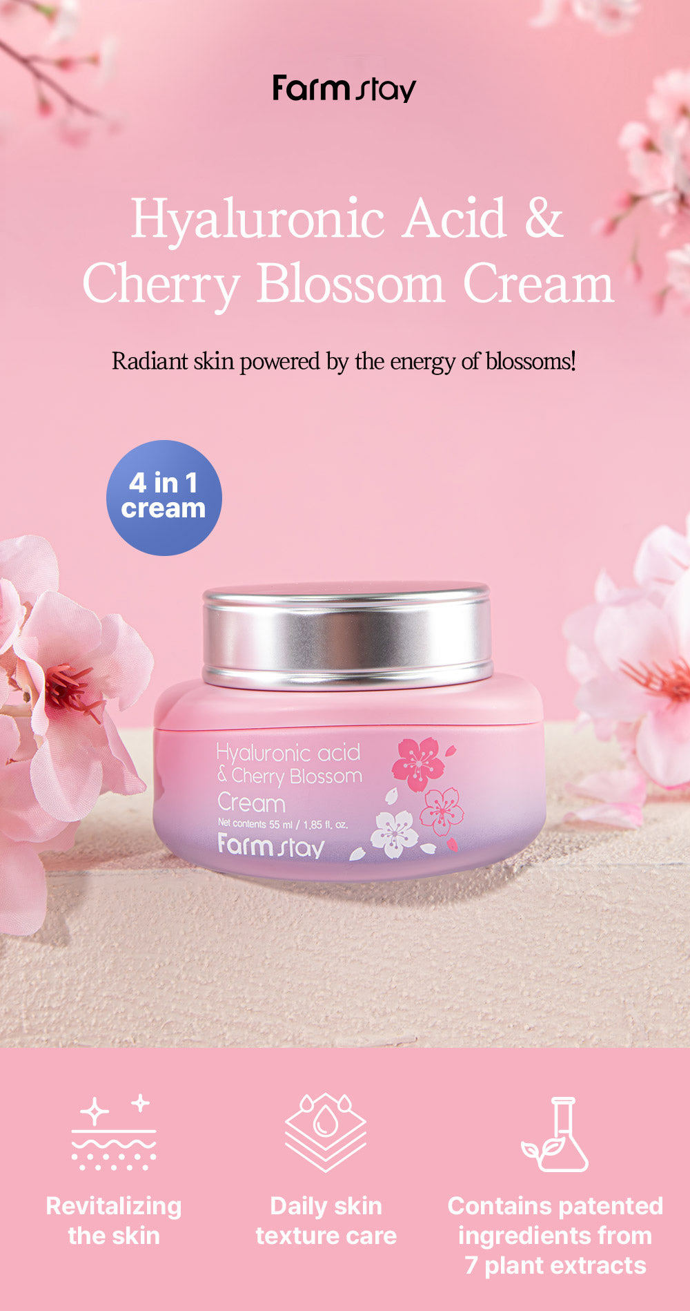 Farmstay Hyaluronic Acid & Cherry Blossom Cream - Brightening and Anti-Wrinkle, Moisturizes, glow, softness, and firmness