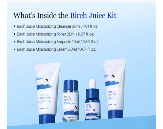 ROUND LAB Birch Juice Moisturizing Mini Kit - 4-Step Travel Size Skincare Set (Cleanser, Toner, Serum, Cream), for Acne-Prone and Sensitive Skin