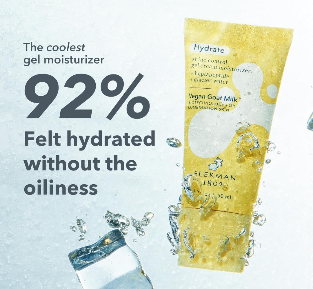Crema hidratante facial en gel Beekman 1802 Shine Control - Con BioMilk, 1 % de heptapéptido y agua de glaciar para piel sensible