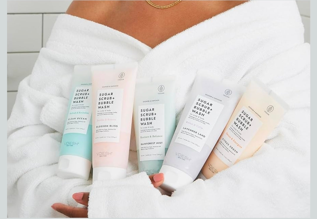 VOESH Exfoliante de Azúcar + Jabón de Burbujas, Exfoliante Corporal y Gel de Baño, Lavanda, Exfoliante para el Cuero Cabelludo, Cuidado del Cuero Cabelludo, Exfoliante de Azúcar para la Ducha, Cuidado Corporal Vegano