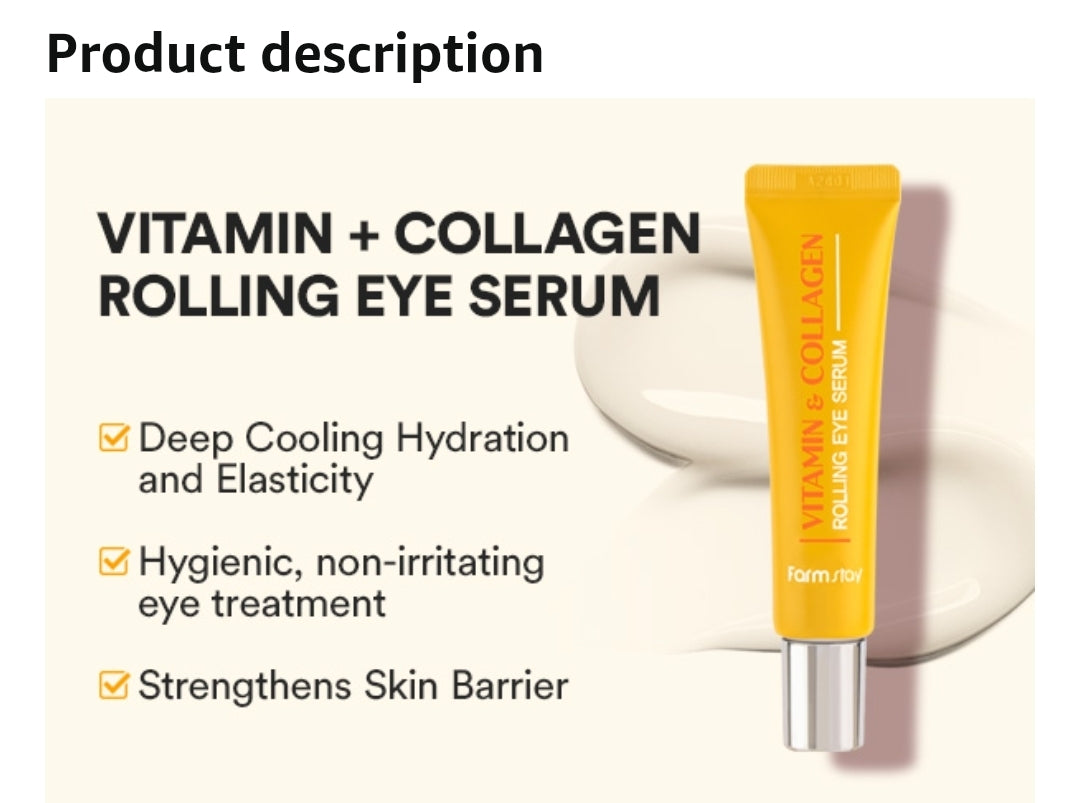 Farmstay Vitamin & Collagen Rolling Eye Serum – Hydrating & Firming Korean Eye Care, Reduces Puffiness, Dark Circles & Fine Lines, Firming, Hydrating, Moisturizing, Rejuvenating Collagen, Vitamin C