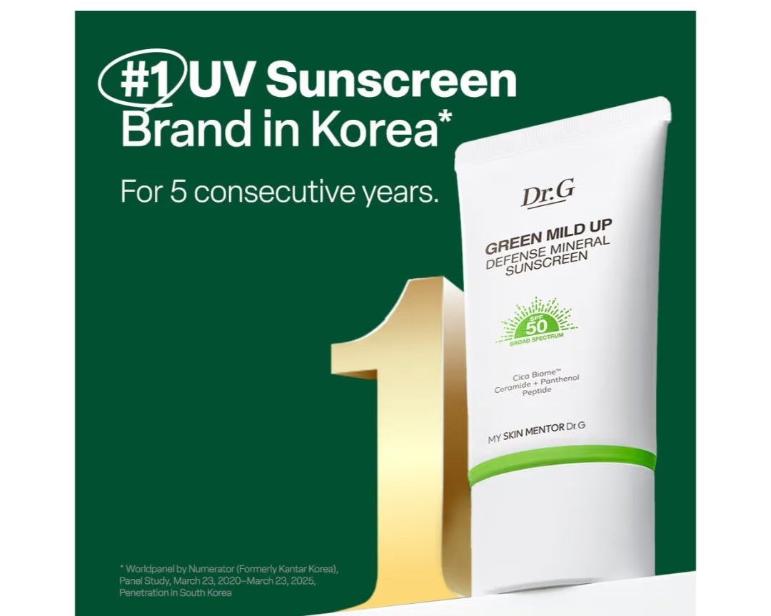 Dr. G Green Mild Up Defense Mineral Sunscreen - SPF 50 Broad Spectrum Korean Sunscreen - Lightweight & Reef-Safe Mineral Formula - For Sensitive Skin - Non-Greasy - With Centella Asiatica