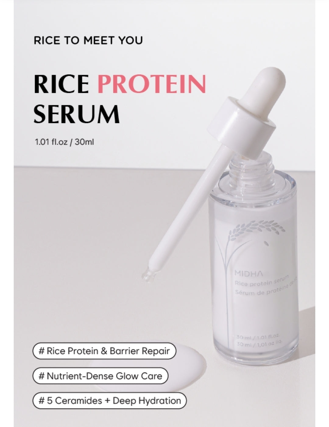 MIDHA Rice Protein Milky Serum - Deep hydration, Moisture balance, Firm Elasticity, Skin Barrier Support, Ceramide Skincare, Non-greasy finish, Smooth and hydrated, vegan